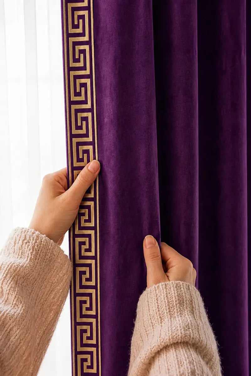Royal Purple Designer Border Velvet Curtains – Set of 2 Panels