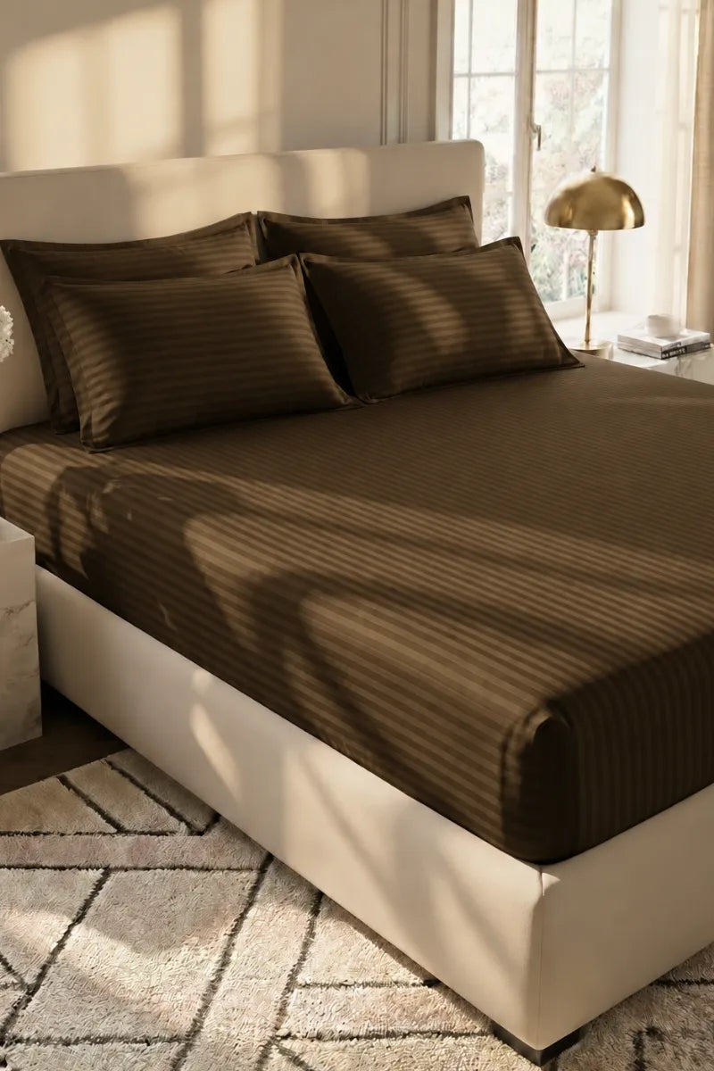 Chocolate Brown Stripe Fitted Bedsheet - King Size