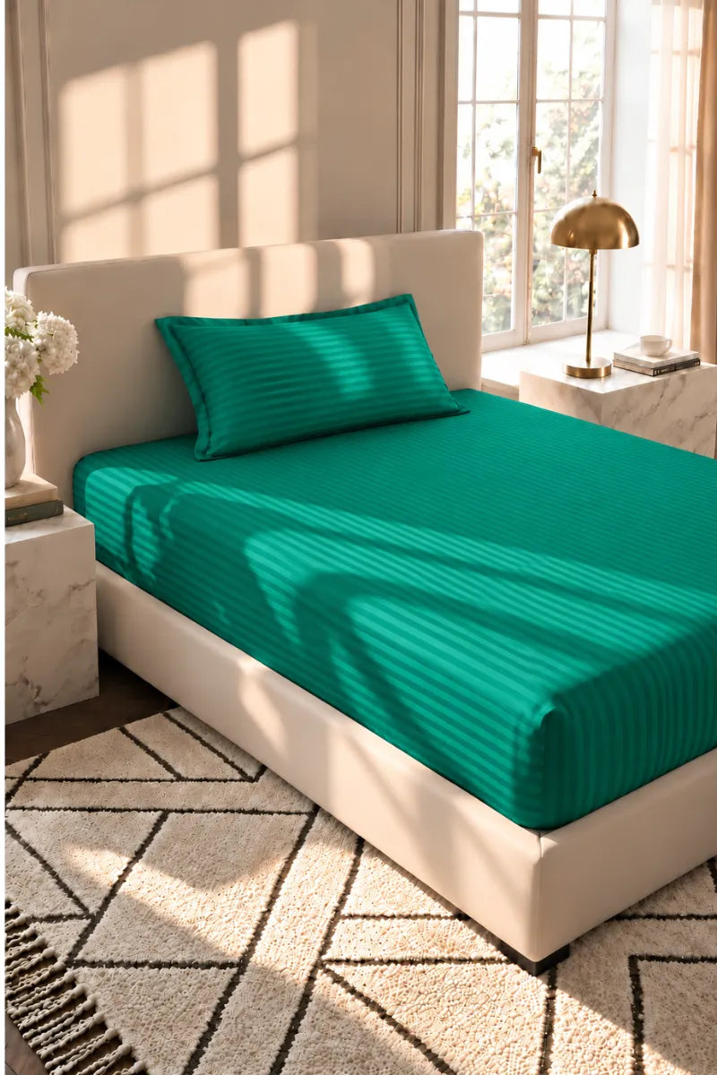 Teal Green Stripe Fitted Bedsheet - King Size