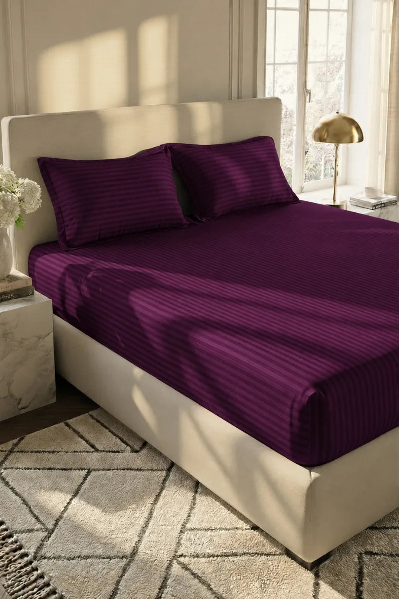 Royal Plum Stripe Fitted Bedsheet - King Size