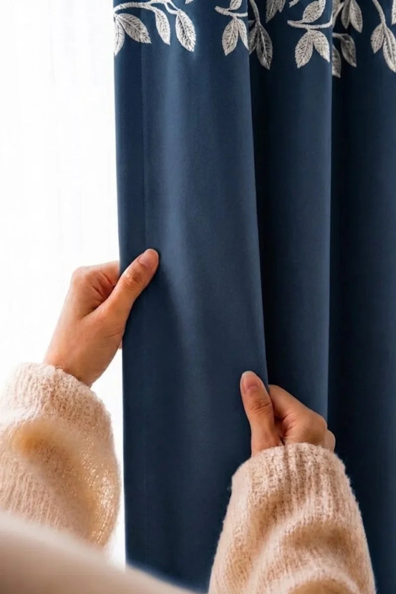 Navy Blue Floral Vine Velvet Curtains – Set of 2 Panels