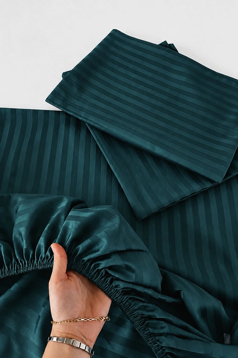 Dark Cyan Stripe Fitted Bedsheet - King Size