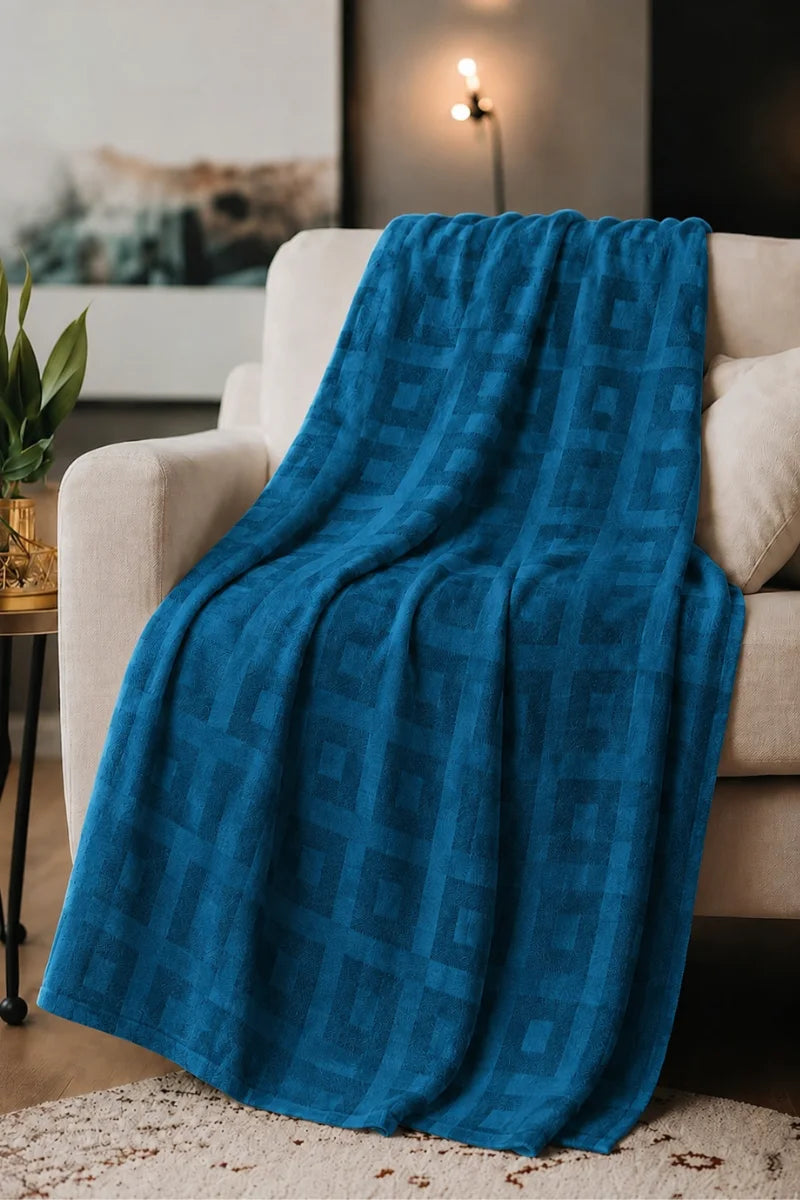 Deep Blue Thermal Cotton Blanket – Geometric Weave Texture