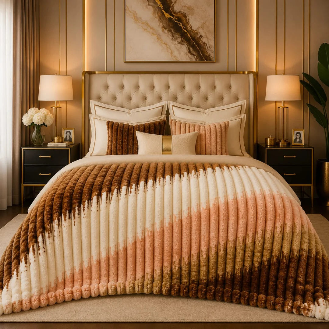 Luxury Brown, Cream & Peach Striped Bubble Design Fluffy Fleece Double Bed AC Blanket (220 GSM)
