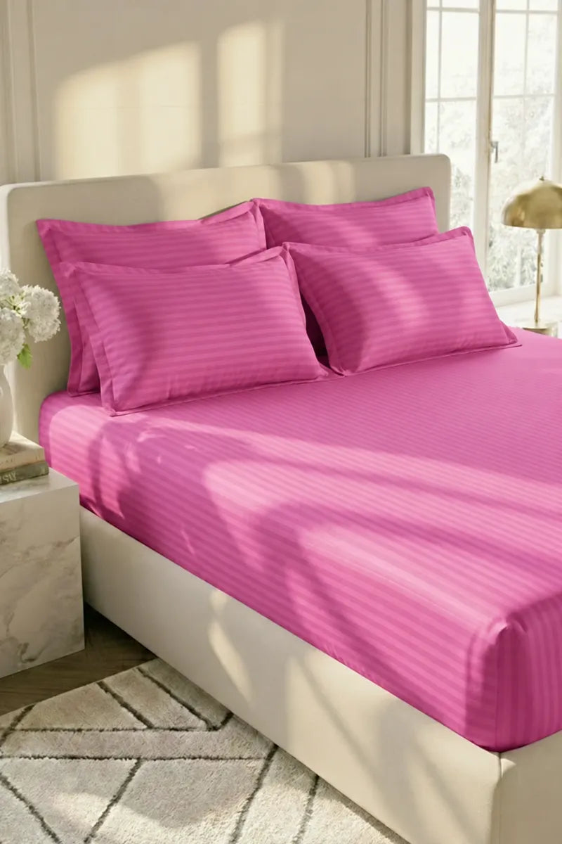 Rose Pink Stripe Fitted Bedsheet - King Size
