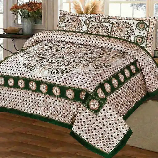 Premium Fomi Four Border Jacquard Bed Sheet Set – 5 Pcs: 1 Fomi Bed Sheet, 2 Pillow Covers, 1 Cushion Cover