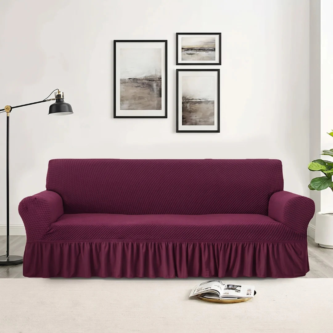 Stylish Frill Trim Micro Mesh Sofa Cover (Maroon Color)