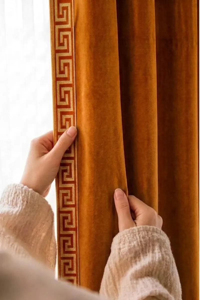 Burnt Orange Designer Border Velvet Curtains – Set of 2 Panels