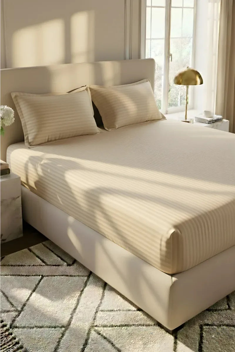 Cream Beige Stripe Fitted Bedsheet - King Size