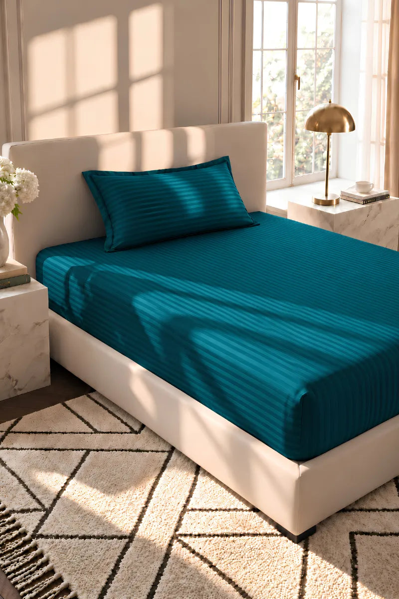 Deep Teal Stripe Fitted Bedsheet - King Size
