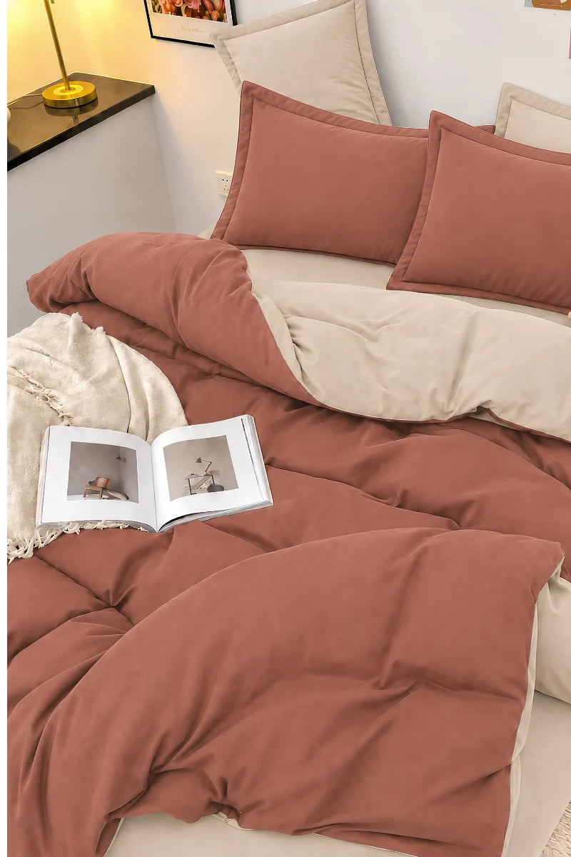 Terracotta & Beige Reversible 6-Piece Duvet Cover Set