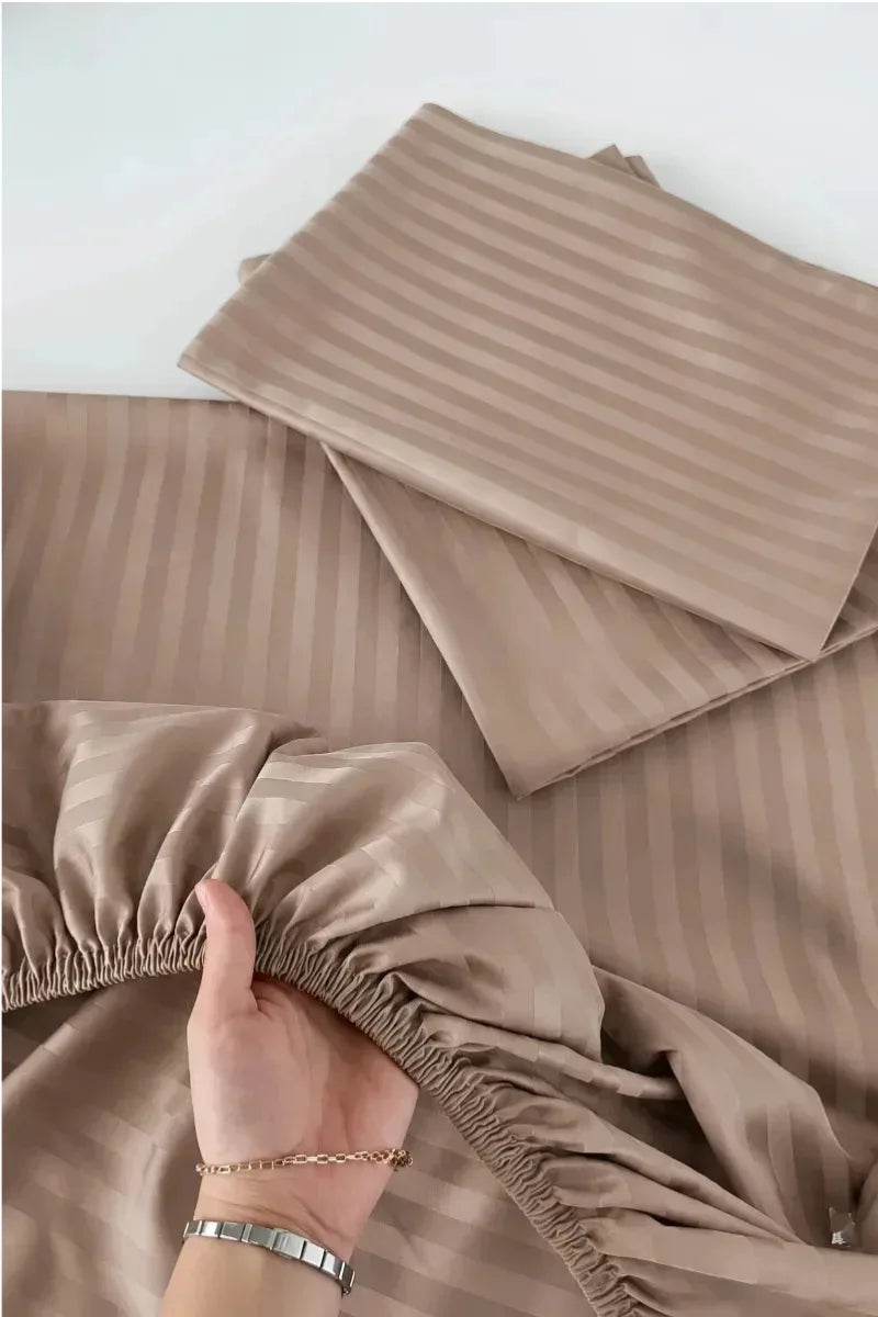 Sand Beige Stripe Fitted Bedsheet - King Size