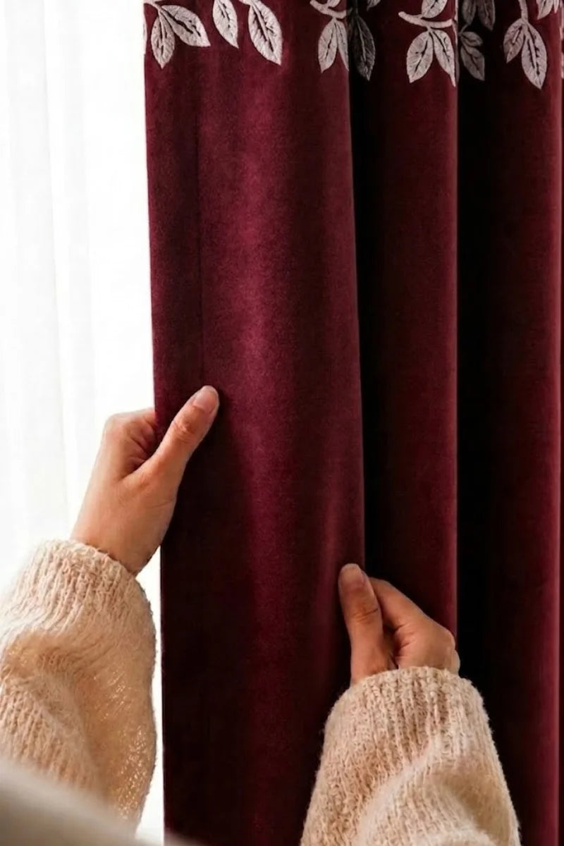 Maroon Floral Vine Velvet Curtains – Set of 2 Panels