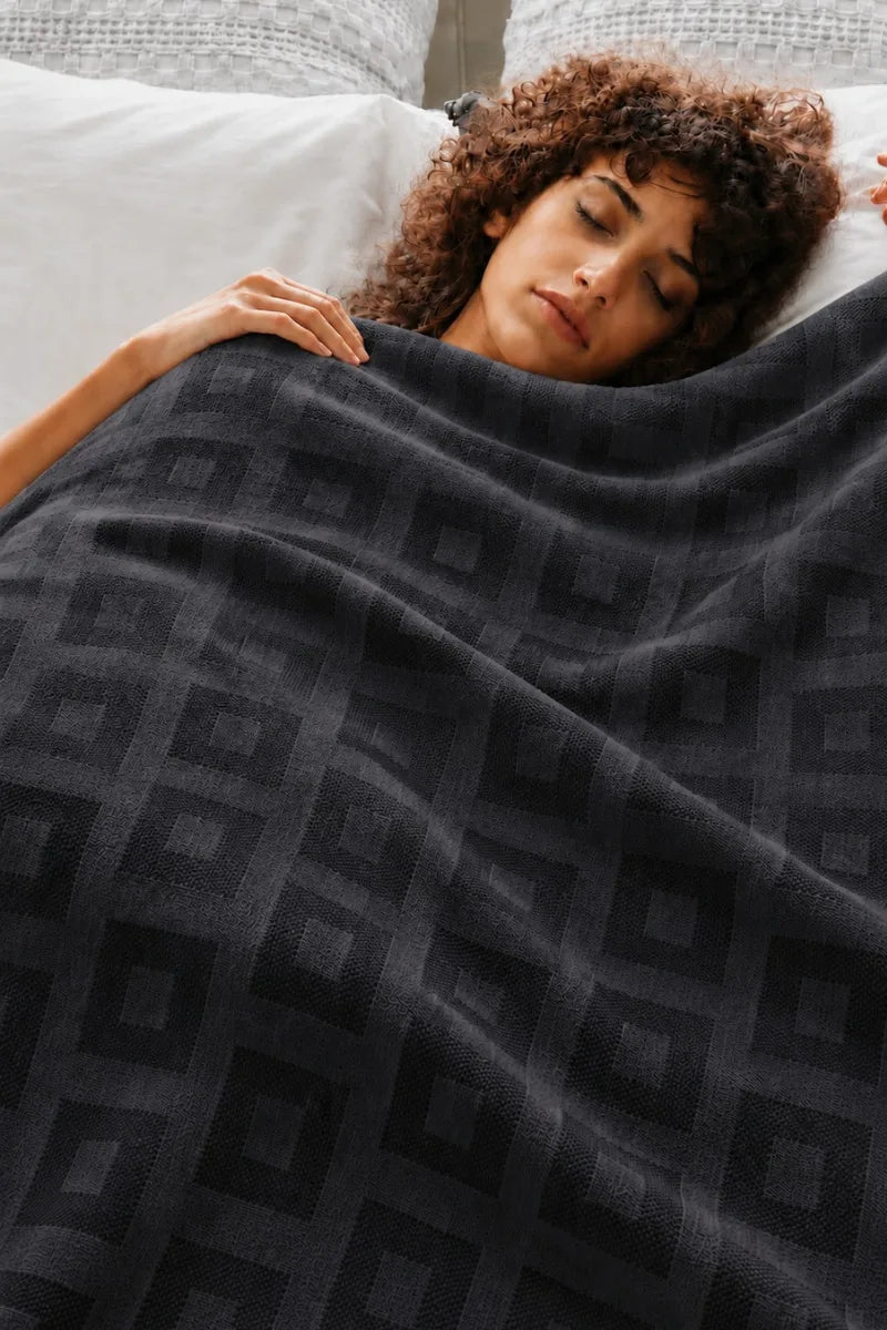 Dark Gray Thermal Cotton Blanket – Geometric Weave Texture