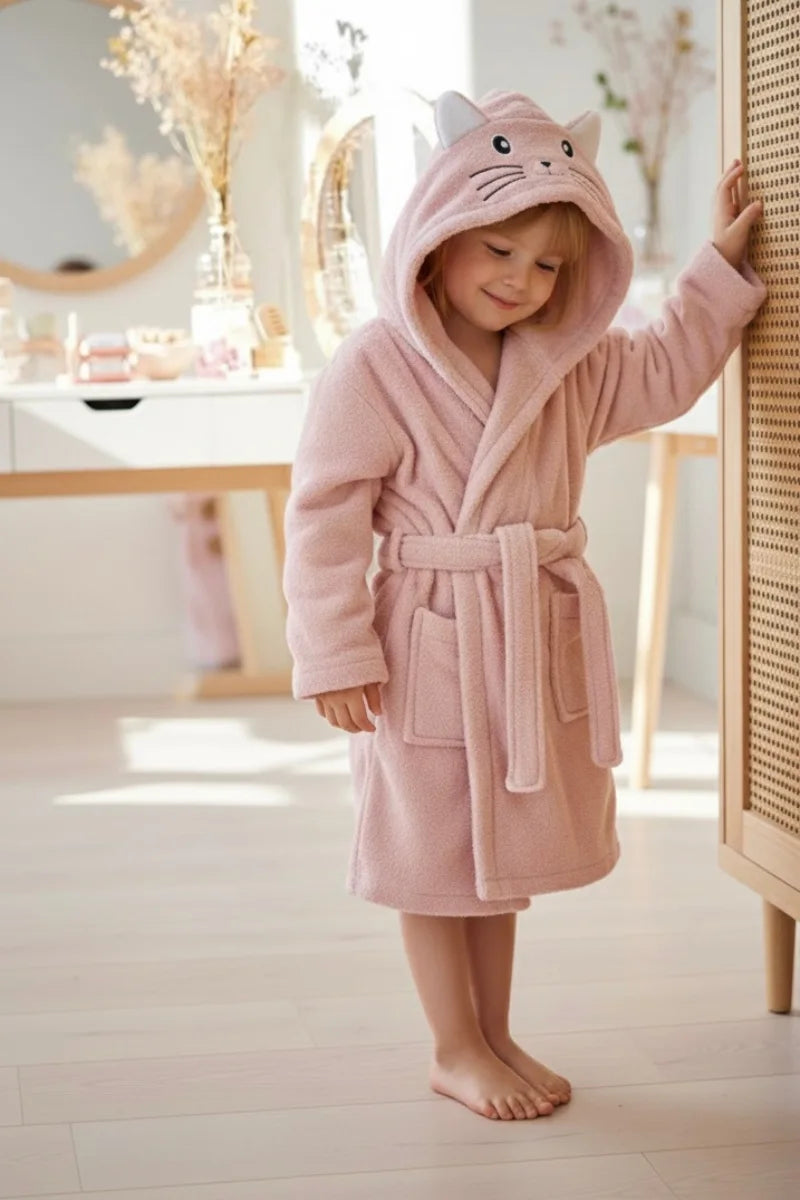 Cute Rabbit Hooded Kids Bathrobe – Pink Terry (Ages 4, 6, & 8)