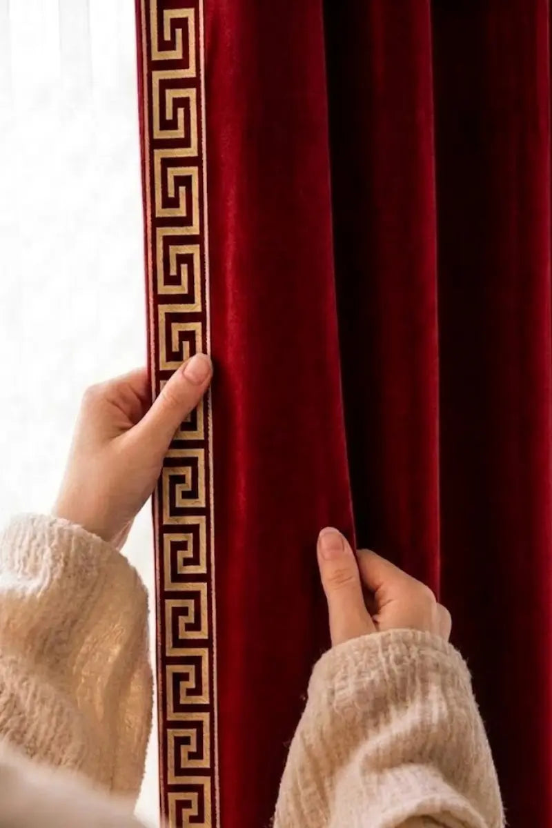 Royal Maroon Designer Border Velvet Curtains – Set of 2 Panels