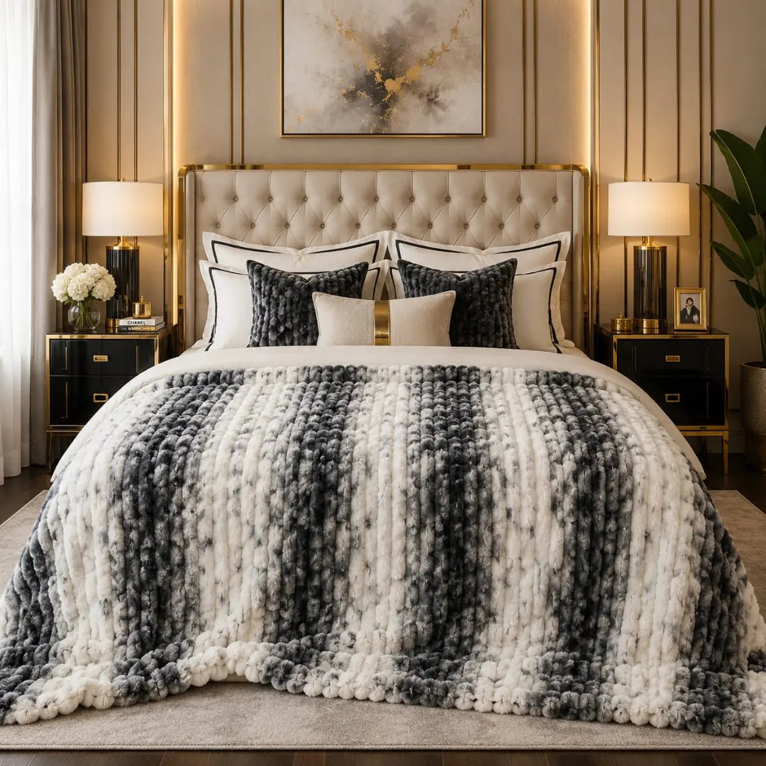Luxury Black & Grey Striped Bubble Design Fluffy Fleece Double Bed AC Blanket (220 GSM)