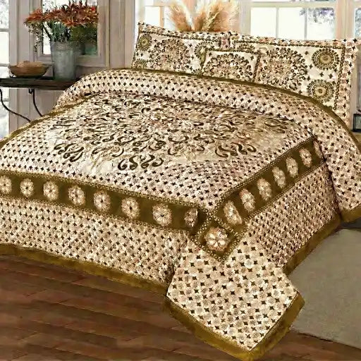 Premium Fomi Four Border Jacquard Bed Sheet Set – 5 Pcs: 1 Fomi Bed Sheet, 2 Pillow Covers, 1 Cushion Cover