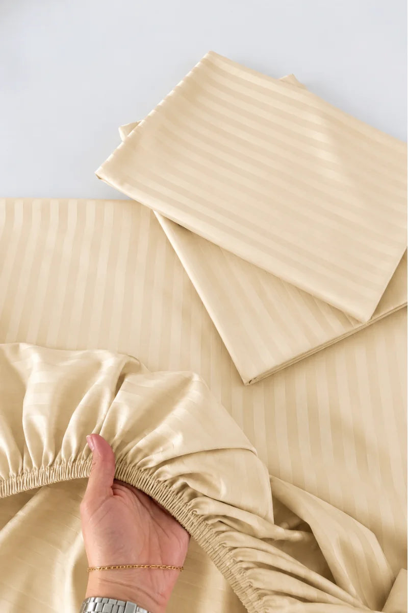 Cream Beige Stripe Fitted Bedsheet - King Size