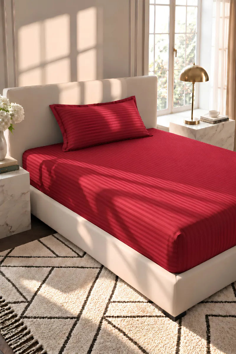 Ruby Red Stripe Fitted Bedsheet - King Size