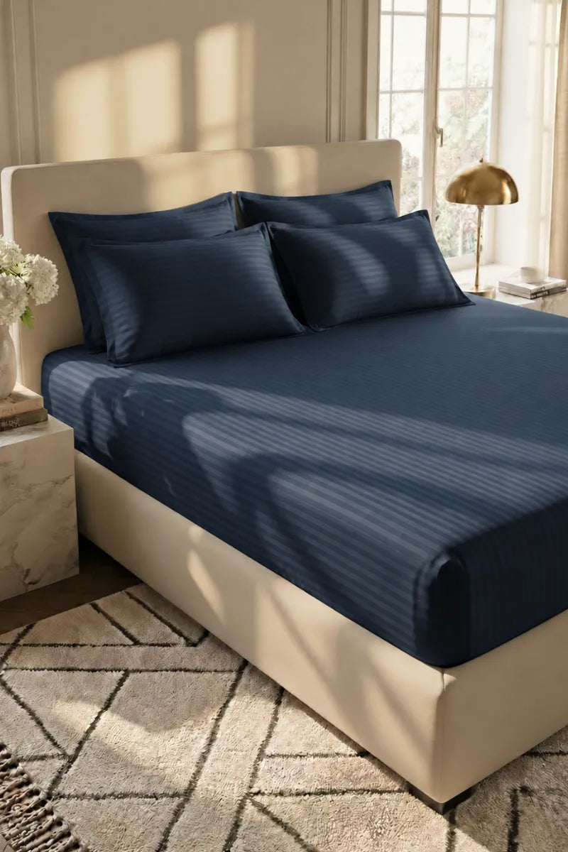 Navy Blue Stripe Fitted Bedsheet - King Size