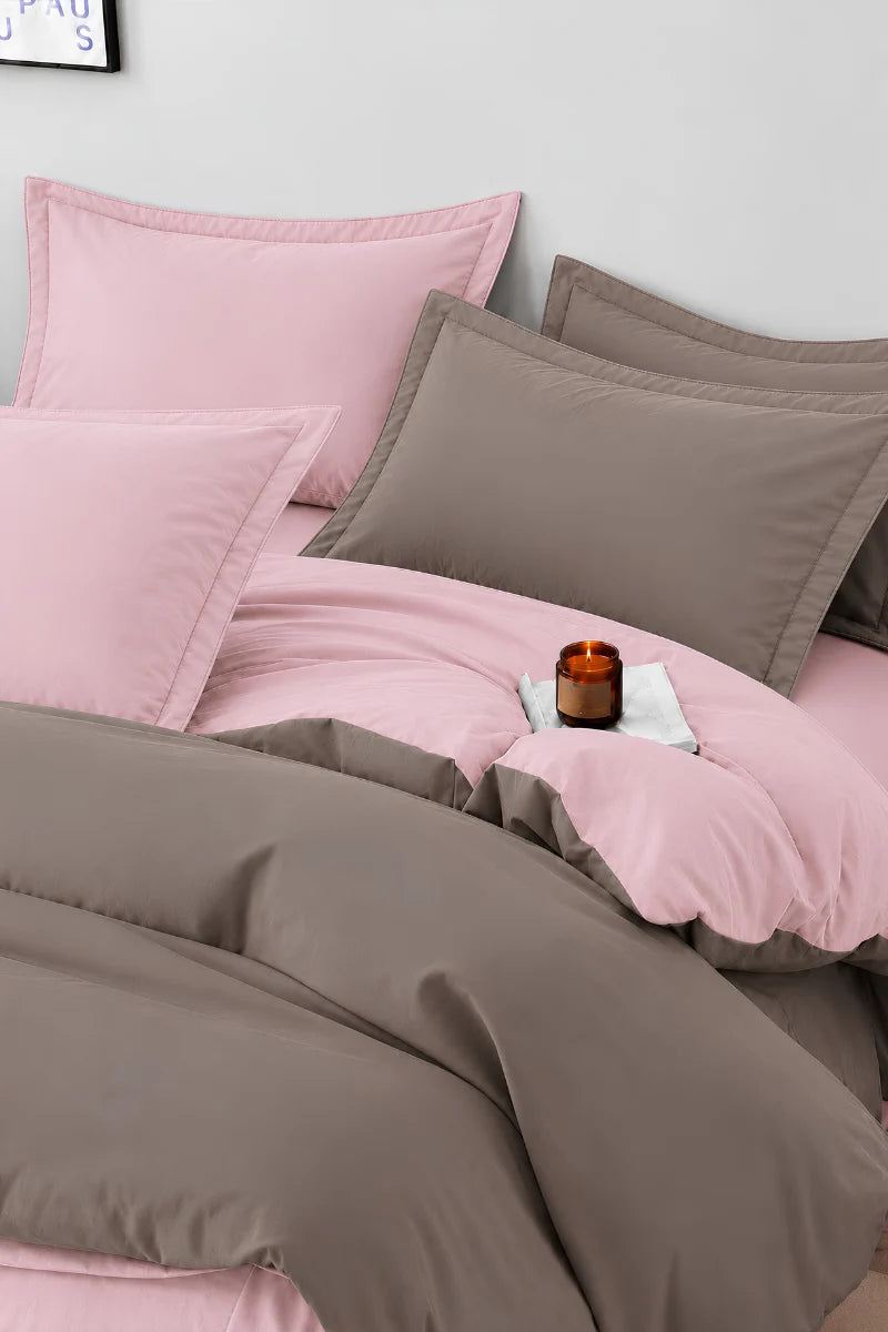 Taupe Grey & Blush Pink Reversible 6-Piece Duvet Cover Set