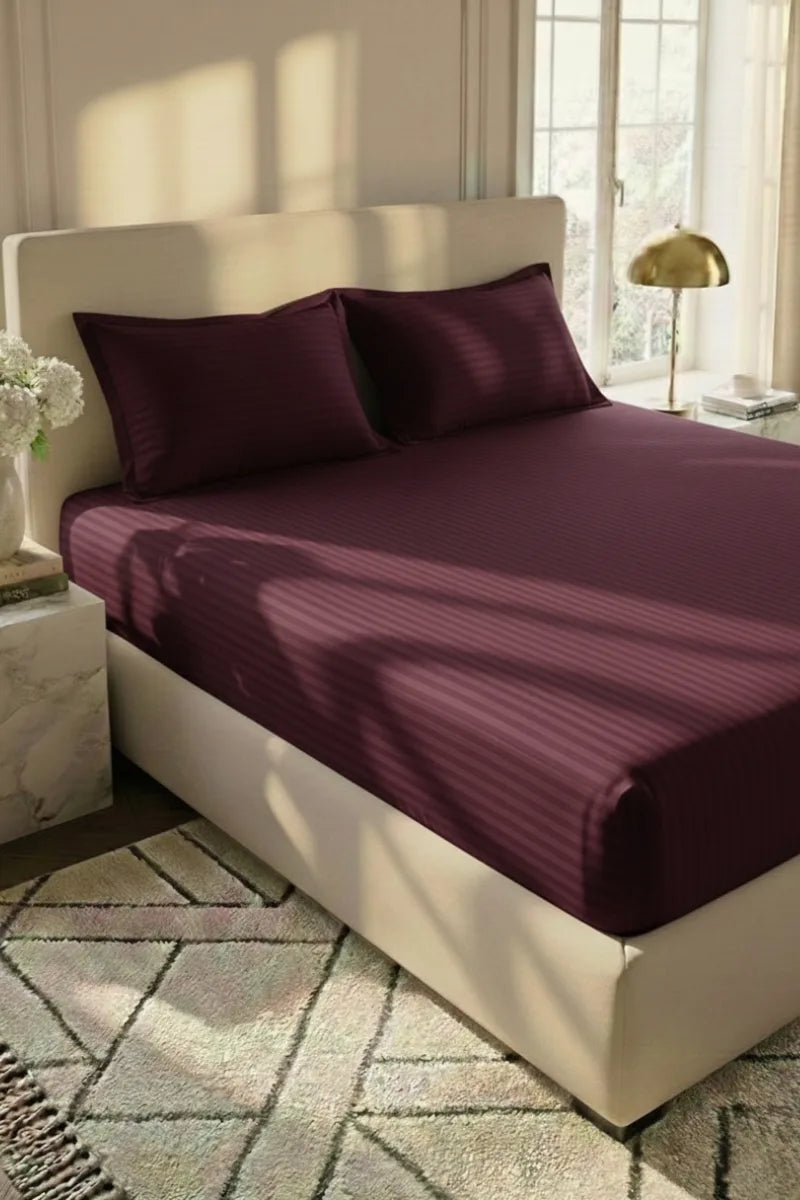 Maroon Red Stripe Fitted Bedsheet - King Size