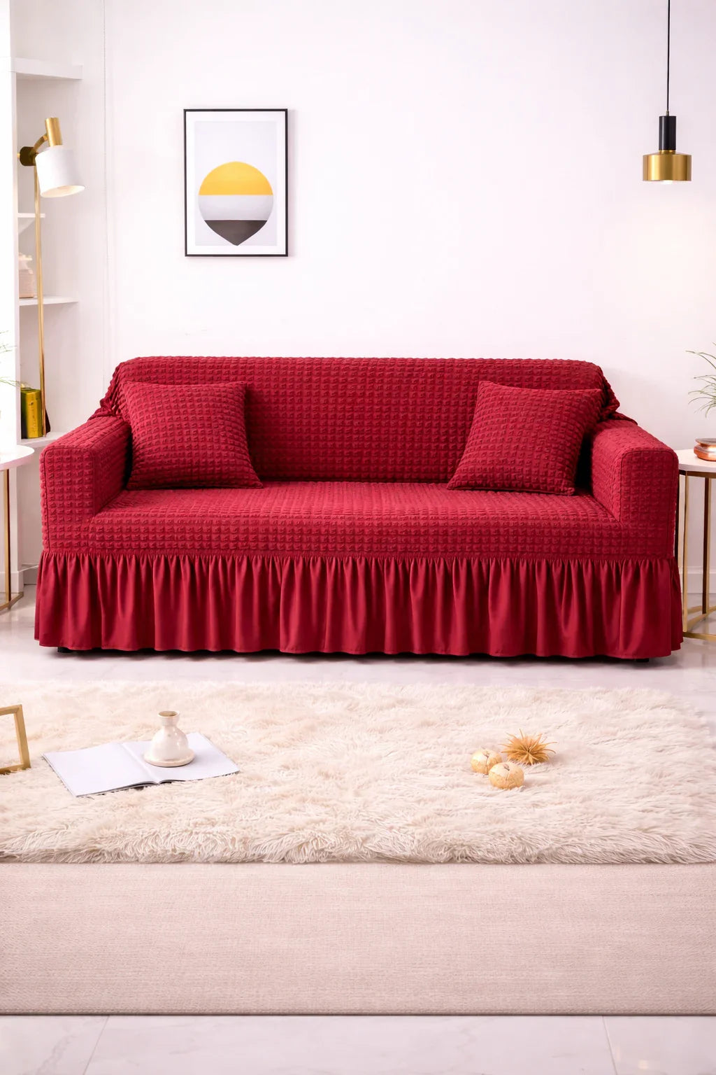 Bubble Frill Stretchable Sofa Cover (Maroon Color)