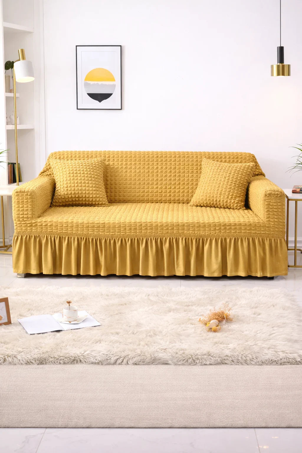 Bubble Frill Stretchable Sofa Cover (Yellow Color)