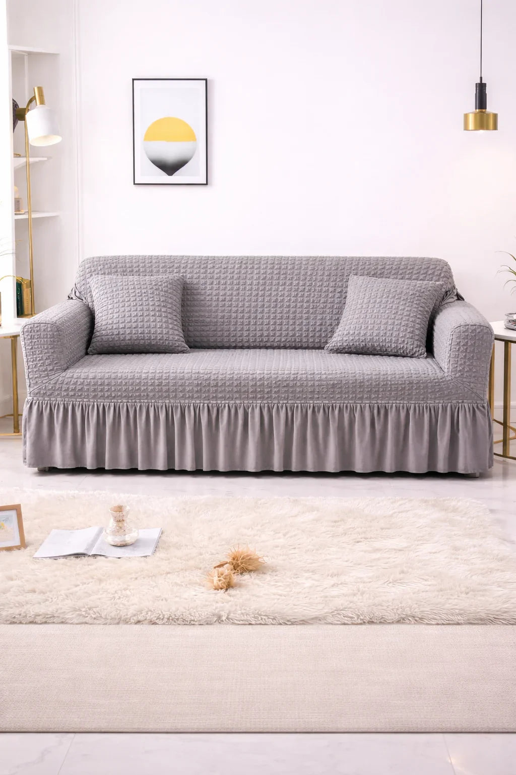 Bubble Frill Stretchable Sofa Cover (Gray Color)