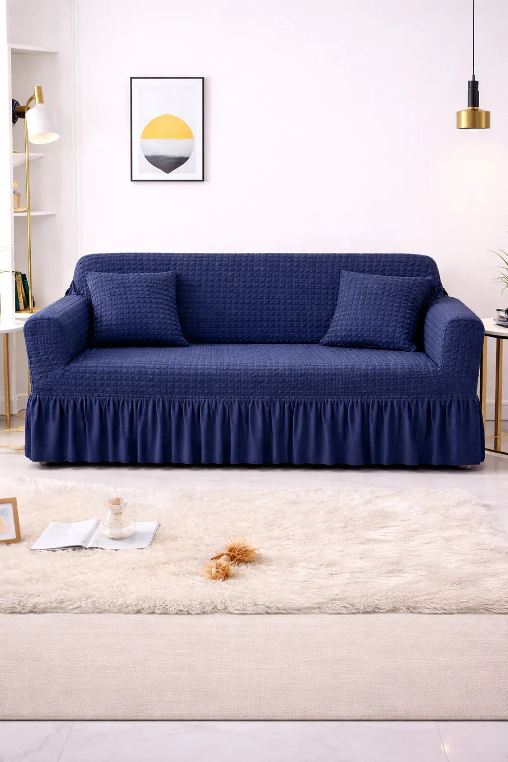 Bubble Frill Stretchable Sofa Cover (Navy Blue Color)