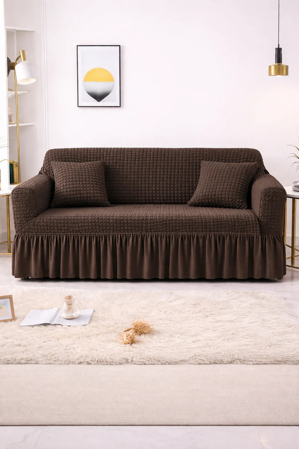 Bubble Frill Stretchable Sofa Cover (Dark Brown Color)