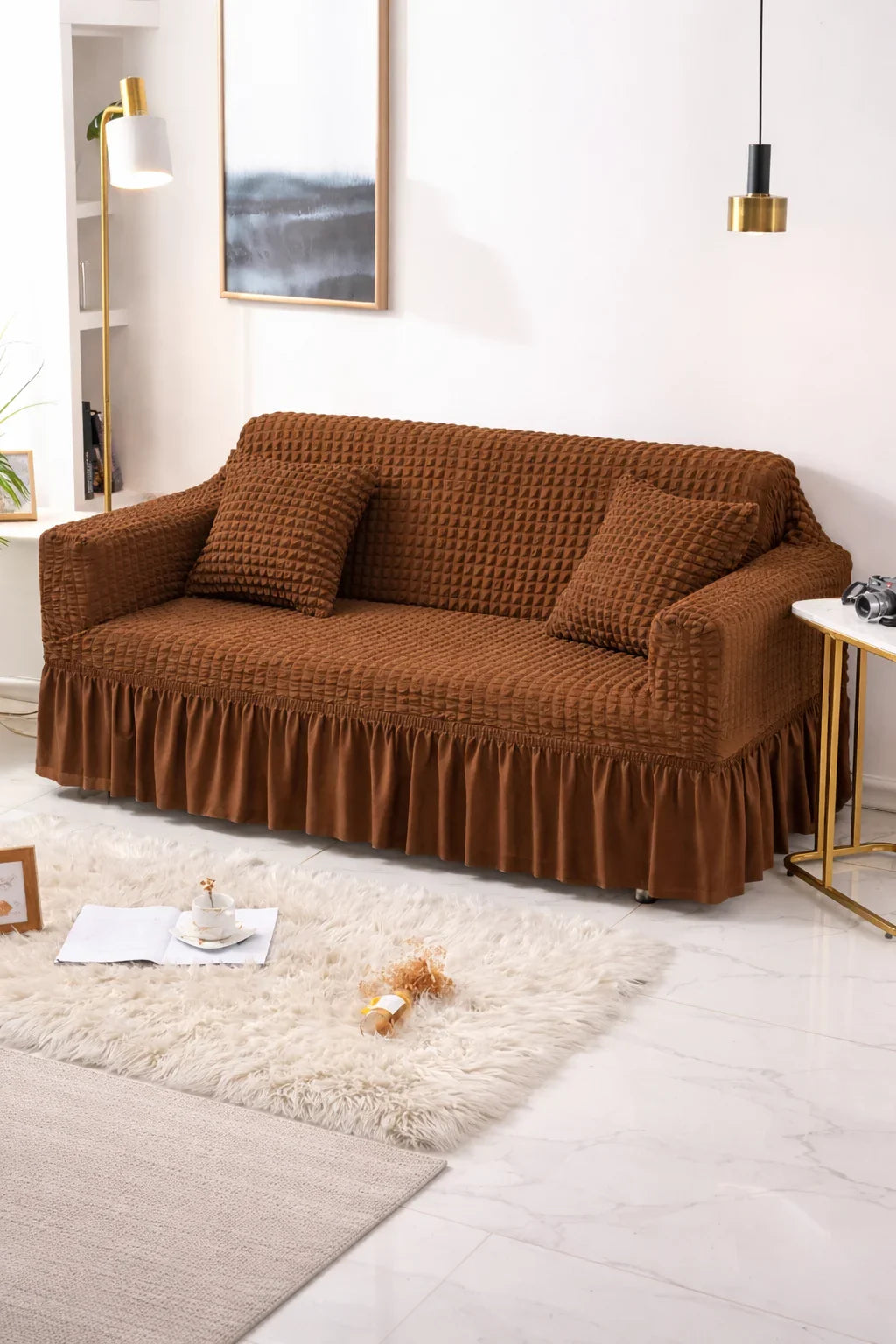 Bubble Frill Stretchable Sofa Cover (Brown Color)