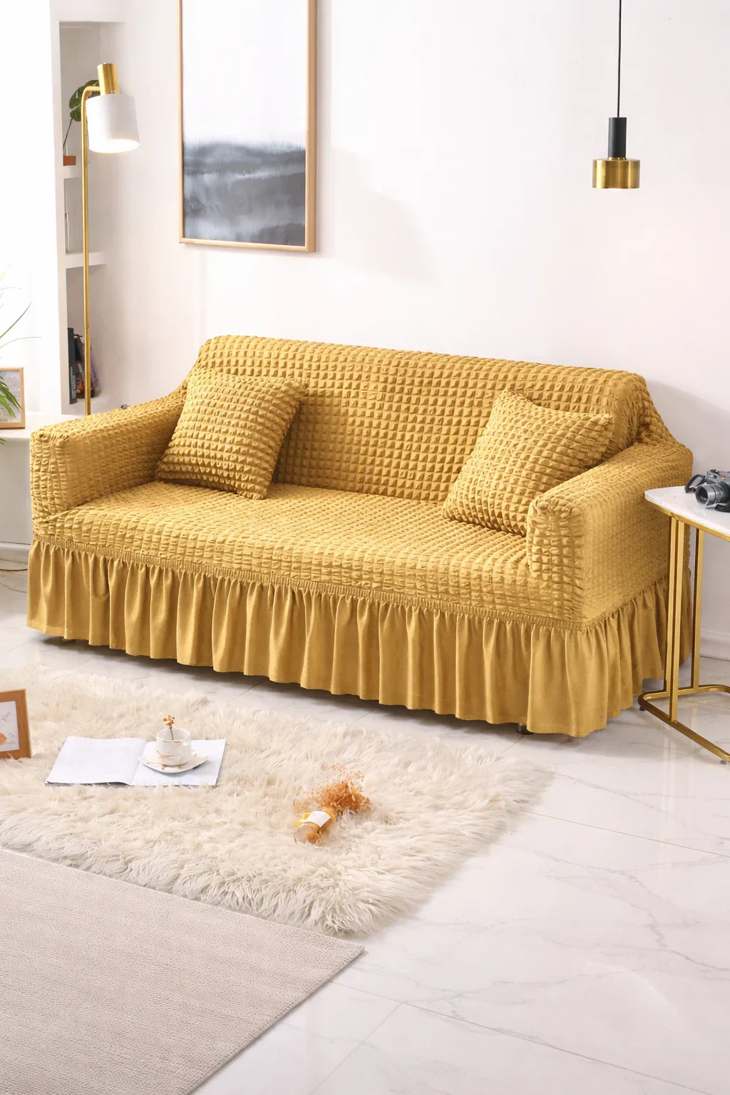 Bubble Frill Stretchable Sofa Cover (Yellow Color)