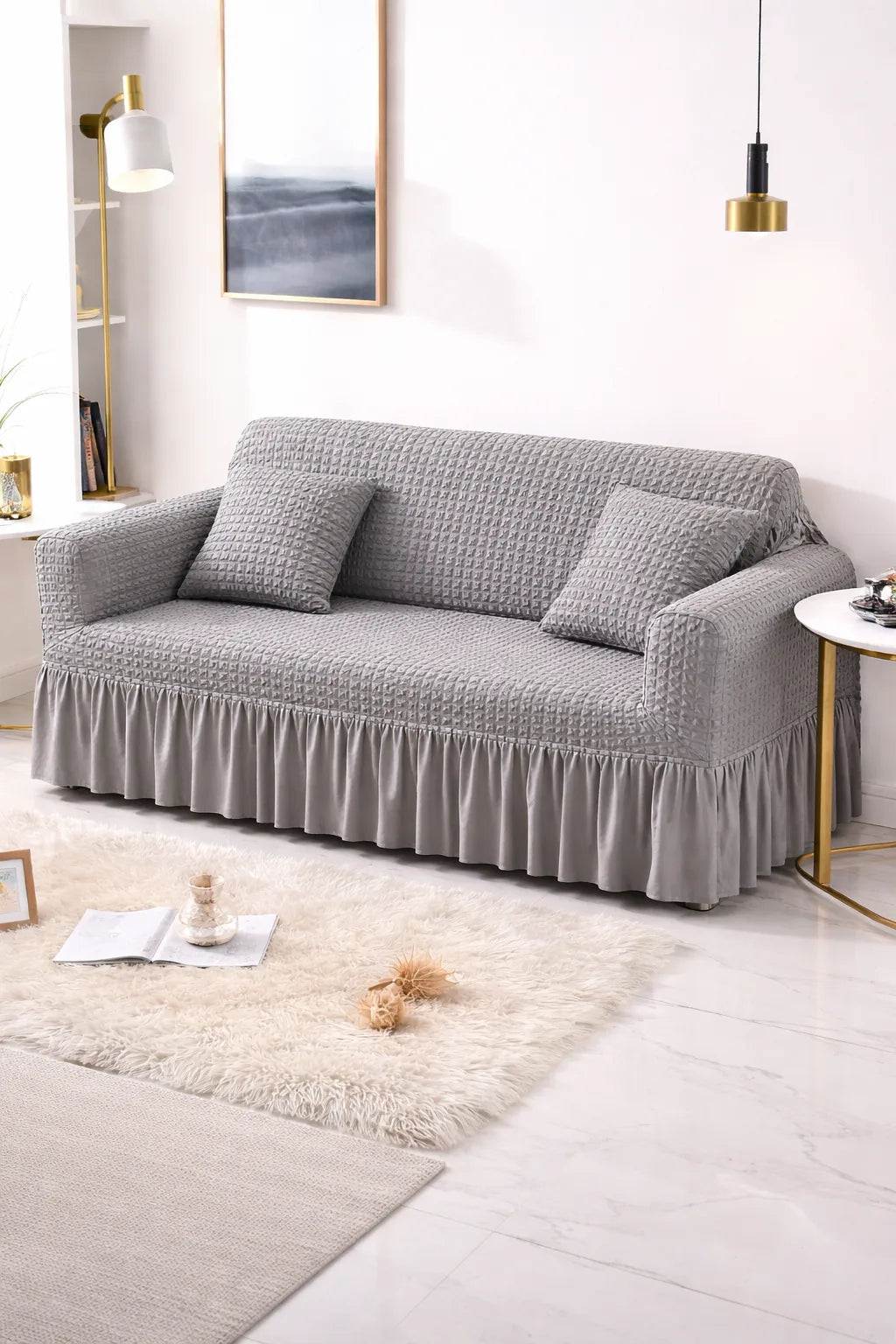 Bubble Frill Stretchable Sofa Cover (Gray Color)