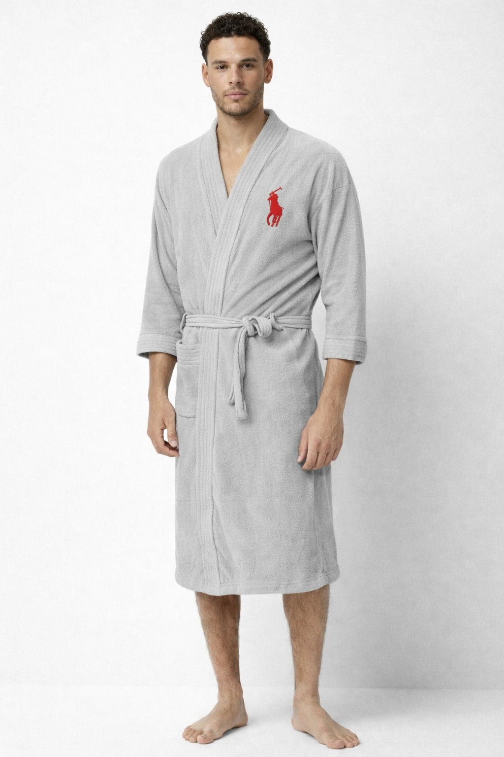 Stylish and Comfortable Grey Bathrobe with Iconic Red Polo Embroidery