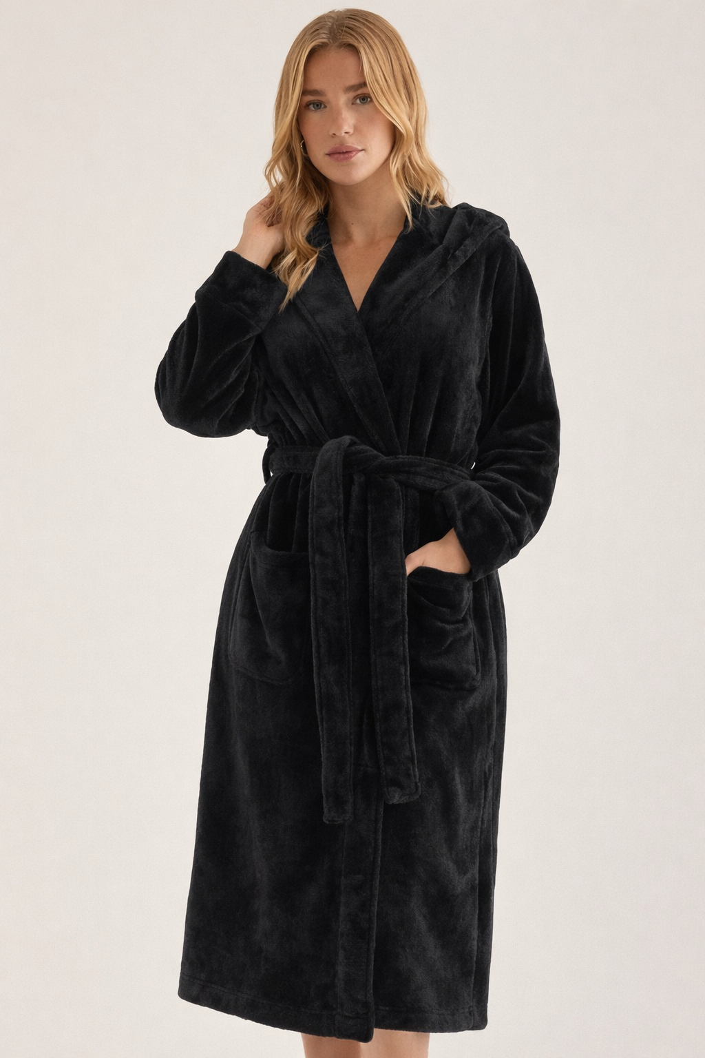 Black Unisex Plush Fleece Hooded Bathrobe – Soft & Cozy