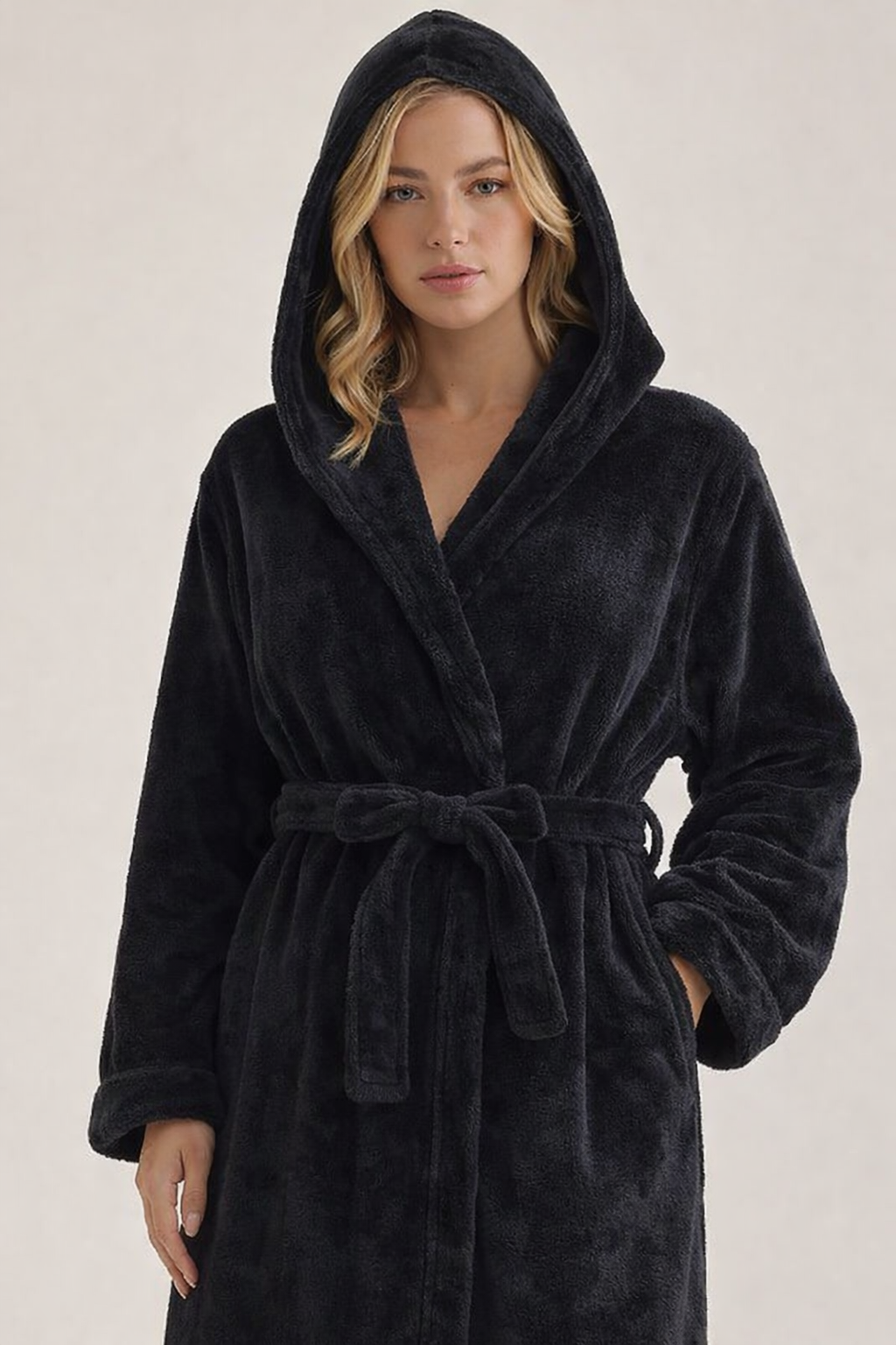 Black Unisex Plush Fleece Hooded Bathrobe – Soft & Cozy
