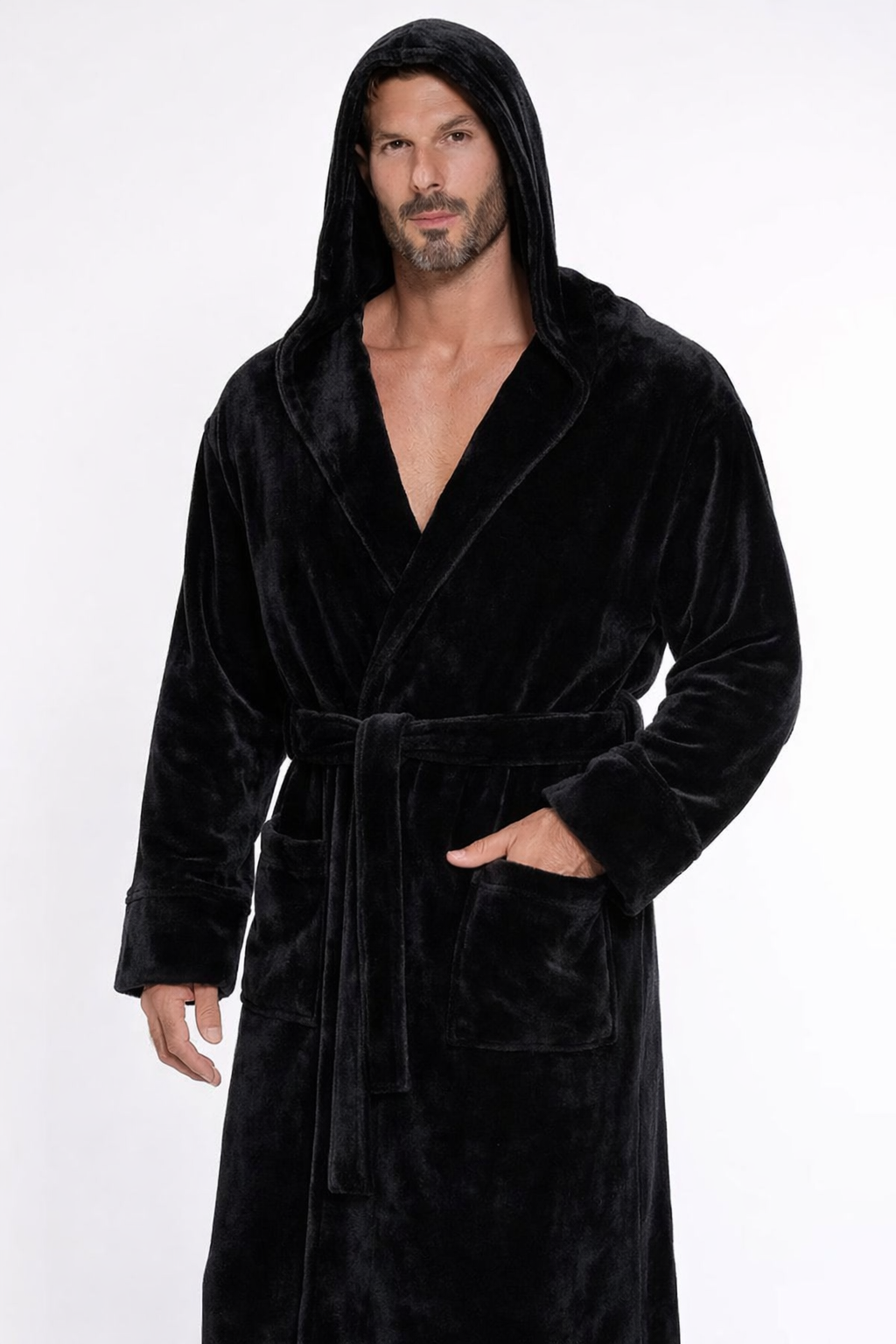 Black Unisex Plush Fleece Hooded Bathrobe – Soft & Cozy