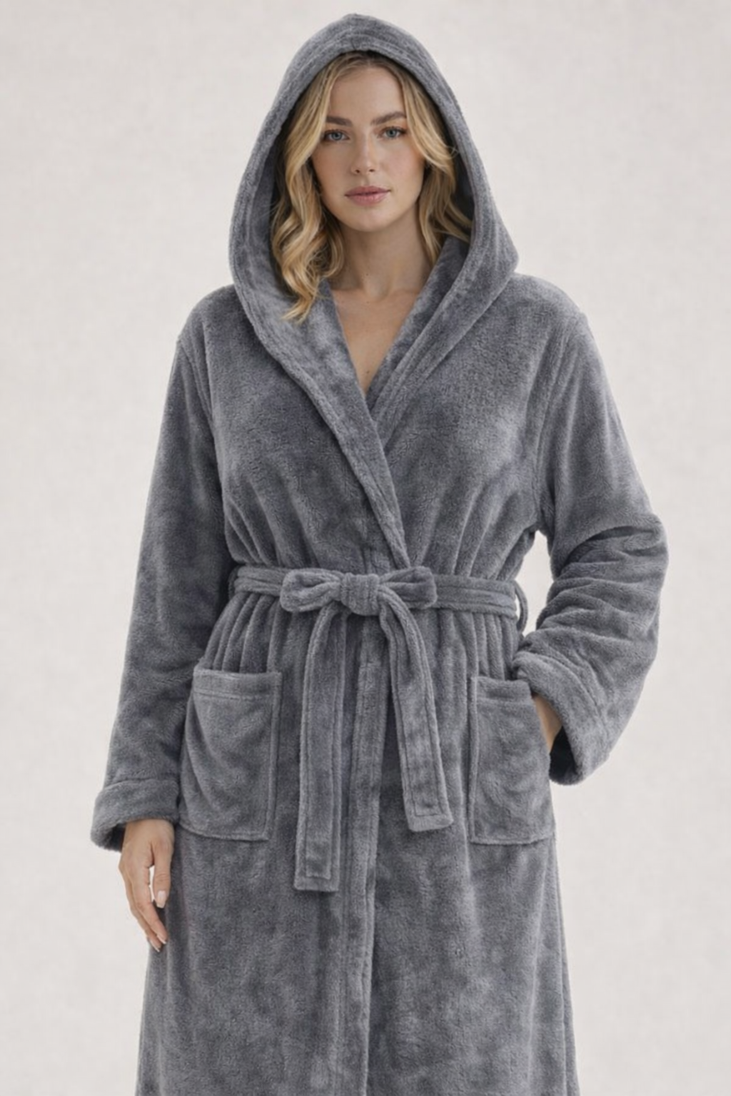 Grey Unisex Plush Fleece Hooded Bathrobe – Soft & Cozy