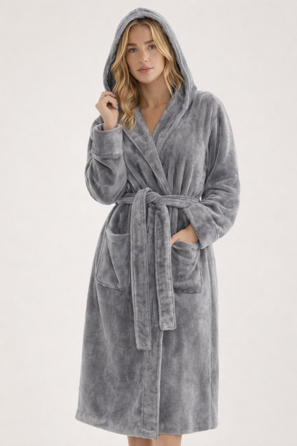 Grey Unisex Plush Fleece Hooded Bathrobe – Soft & Cozy