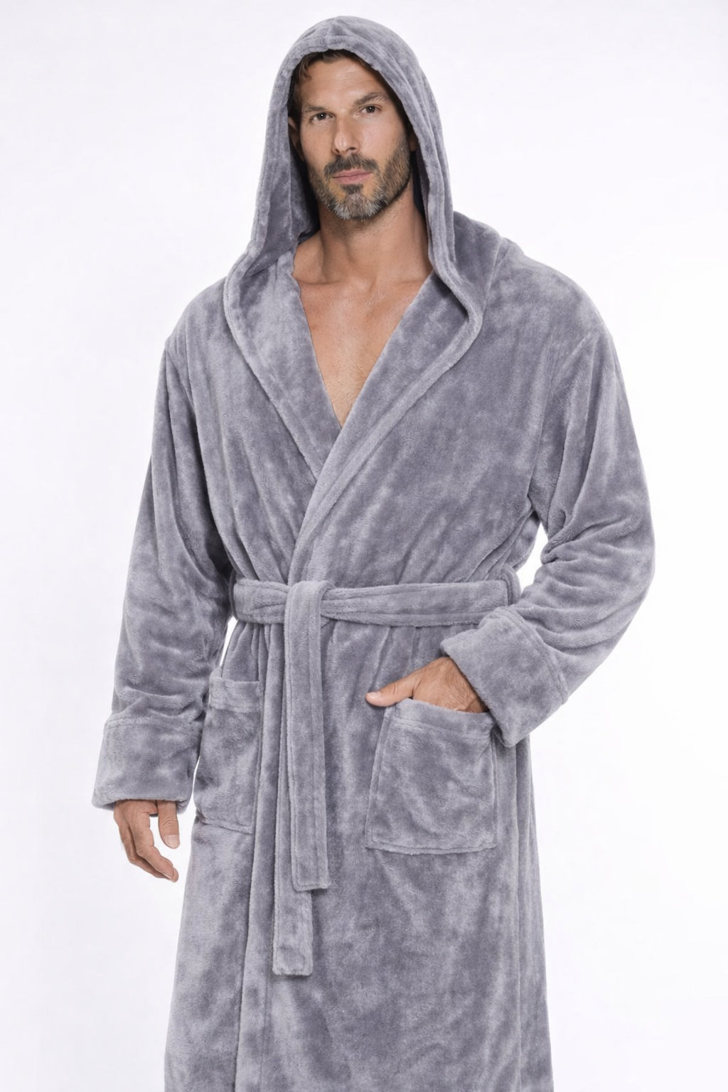 Grey Unisex Plush Fleece Hooded Bathrobe – Soft & Cozy