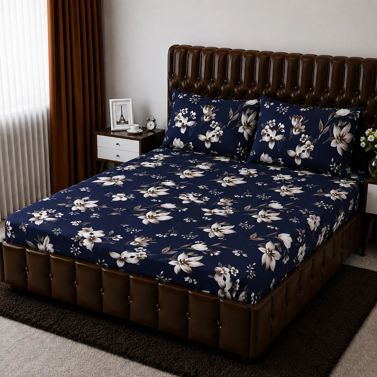 Floral Micro Cotton Fitted Sheet Set 72×78 + 10” with Matching Pillow Cover