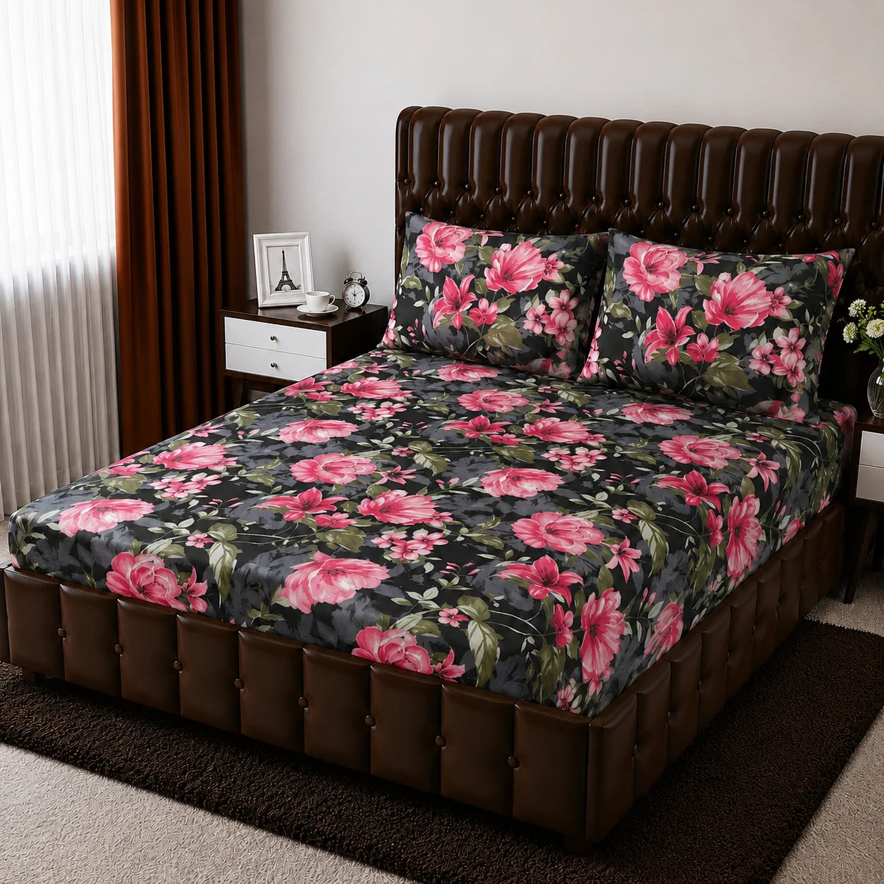Floral Micro Cotton Fitted Sheet Set 72×78 + 10” with Matching Pillow Cover