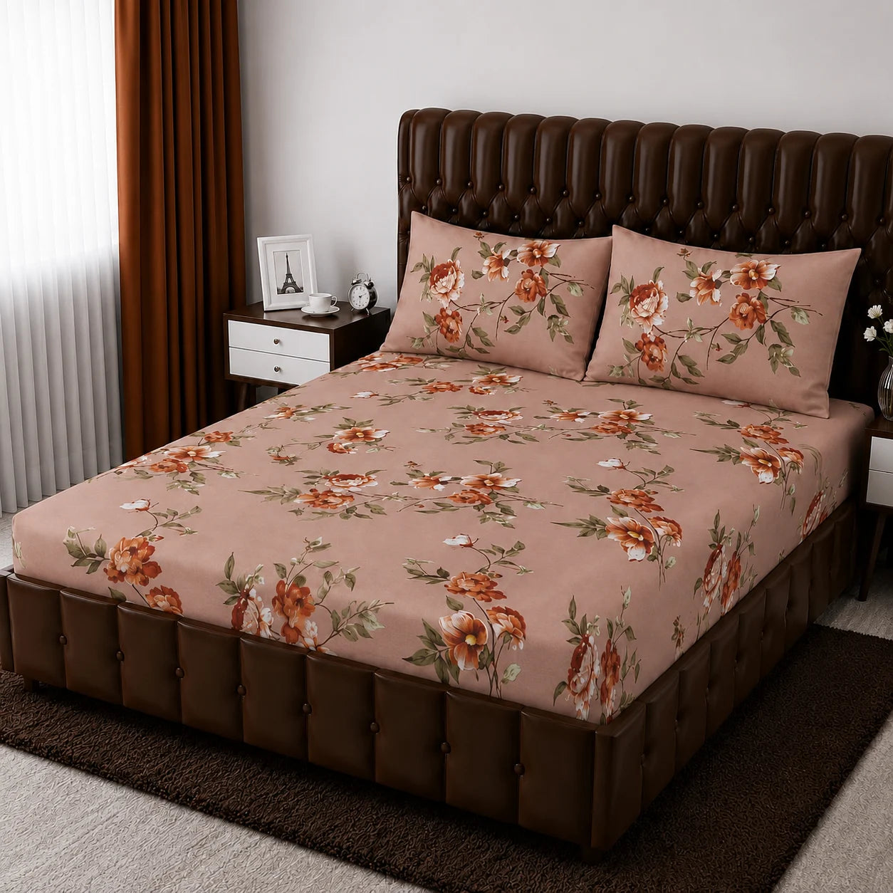 Floral Micro Cotton Fitted Sheet Set 72×78 + 10” with Matching Pillow Cover