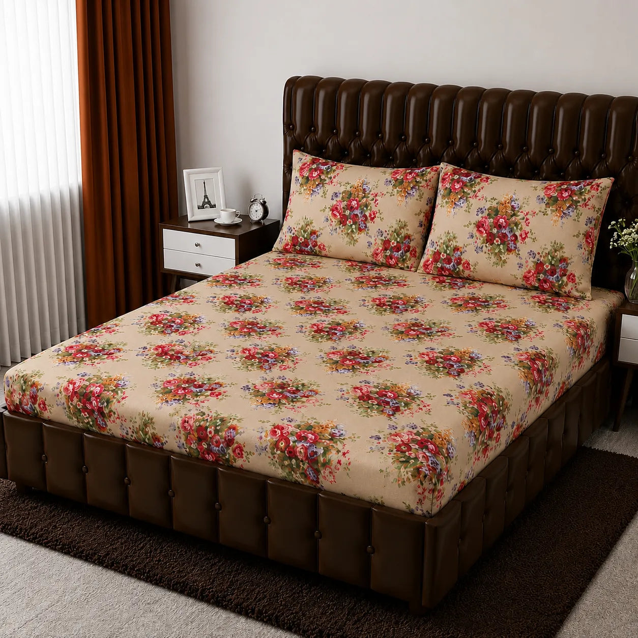 Floral Micro Cotton Fitted Sheet Set 72×78 + 10” with Matching Pillow Cover