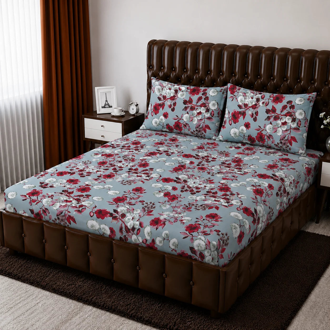 Floral Micro Cotton Fitted Sheet Set 72×78 + 10” with Matching Pillow Cover