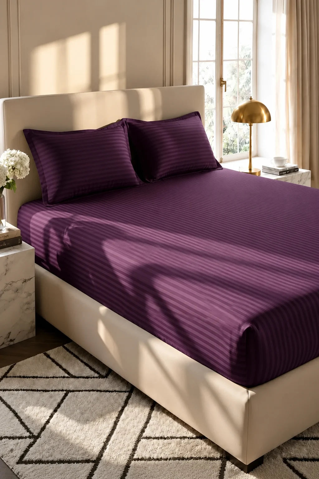Plum Purple Stripe Fitted Bedsheet - King Size