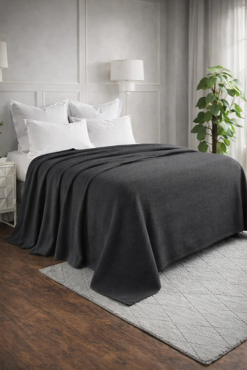 Textured Chevron Woven Cotton Blanket – Cozy All-Season Throw in Rich Gray