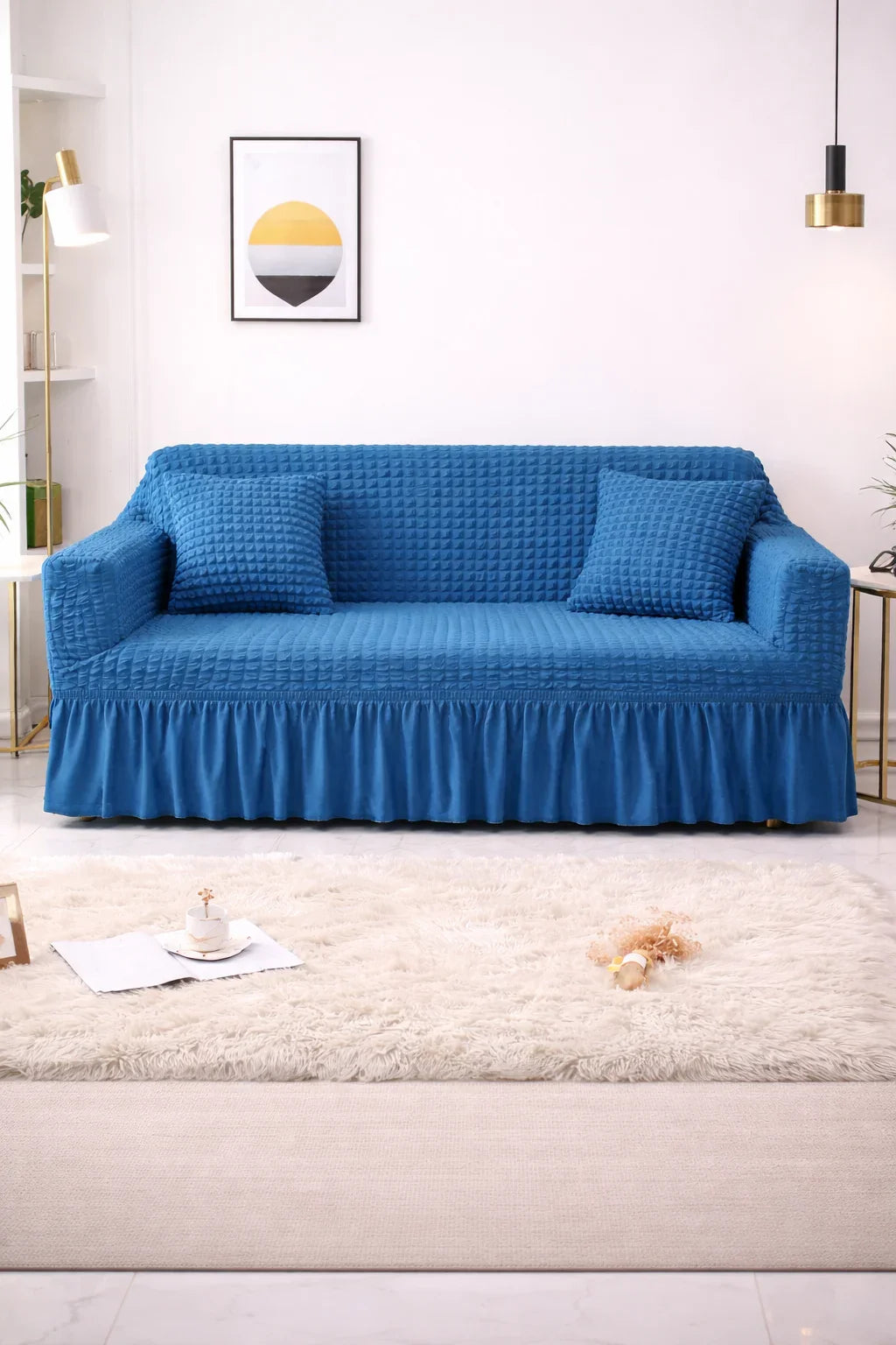 Bubble Frill Stretchable Sofa Cover (Blue Color)